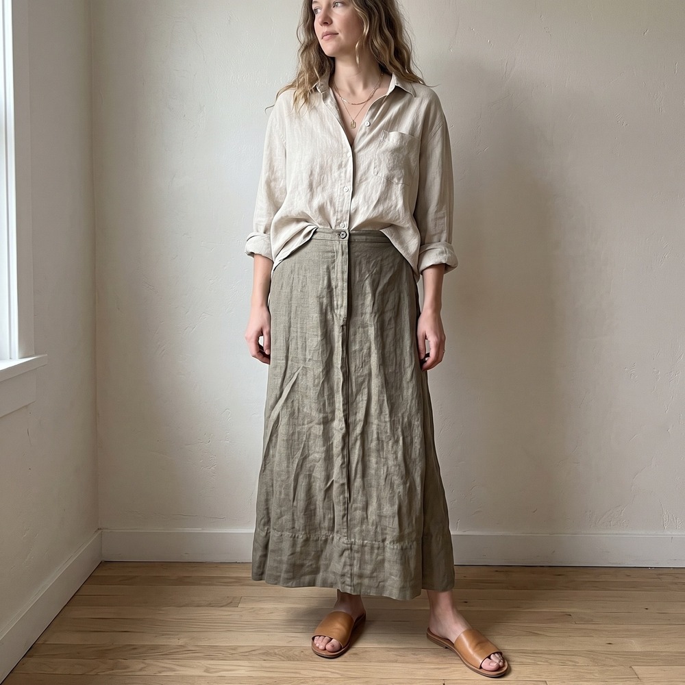 CP Shades Womens Skirt Medium Green 100% Linen Maxi Coastal Grandma Lagenlook